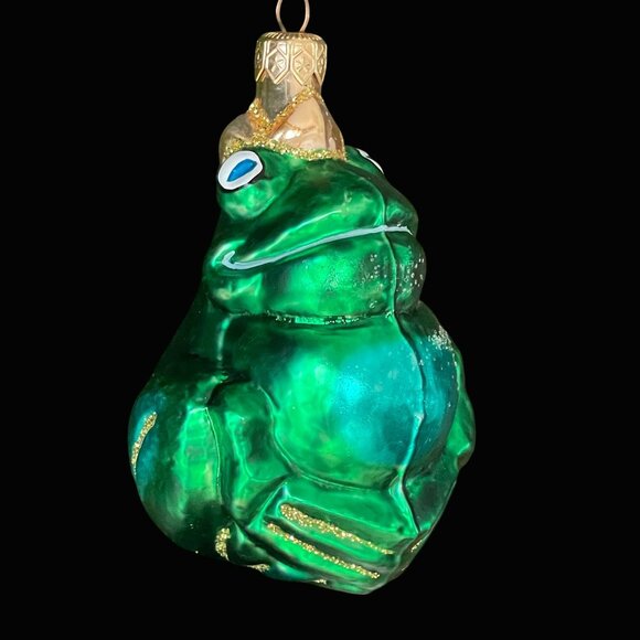 Vintage Hand Blown Glass Christmas Ornament Green Prince Frog Crown 4.5” - Picture 6 of 9